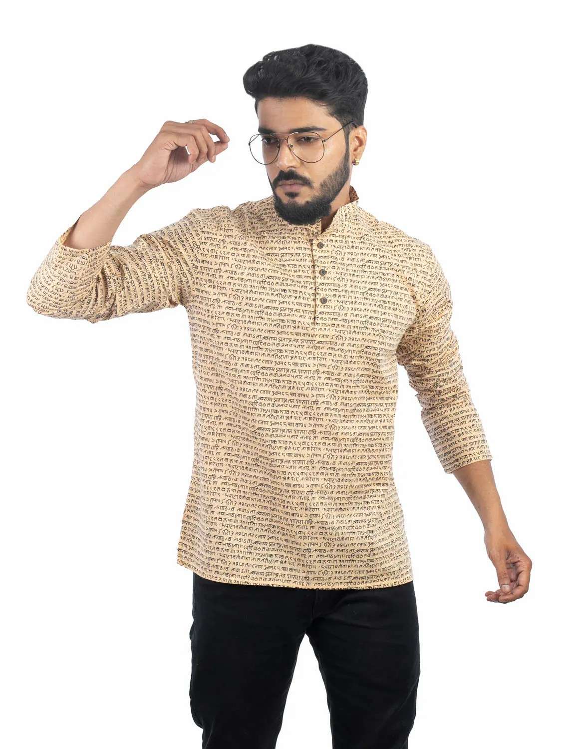 beige printed cotton short kurta