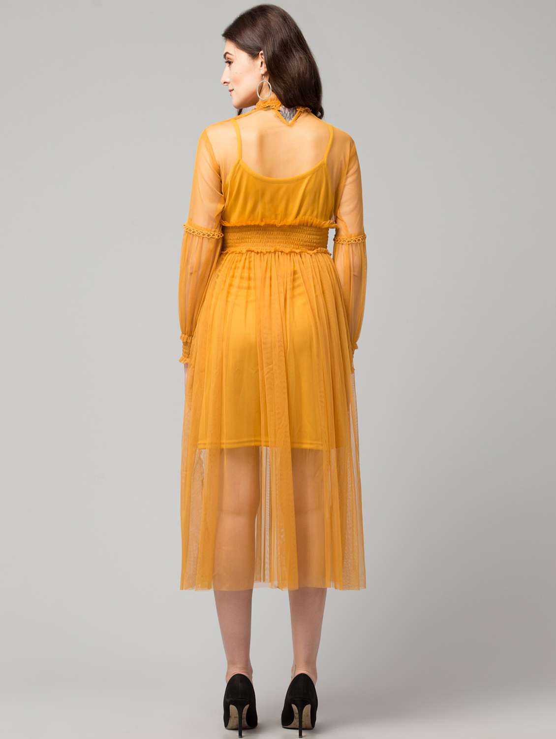 yellow solid net a-line dress - 19921679 -  Standard Image - 2