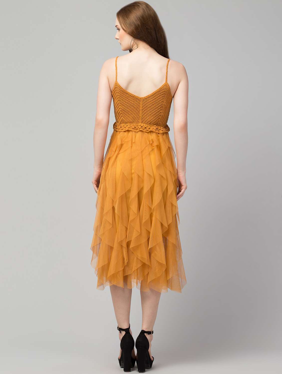 yellow solid net a-line dress - 19921694 - Standard Image - 2