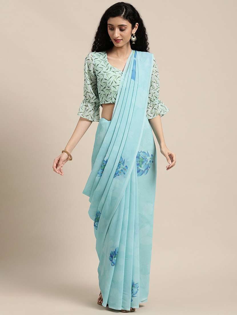 women's floral light blue colored saree with blouse