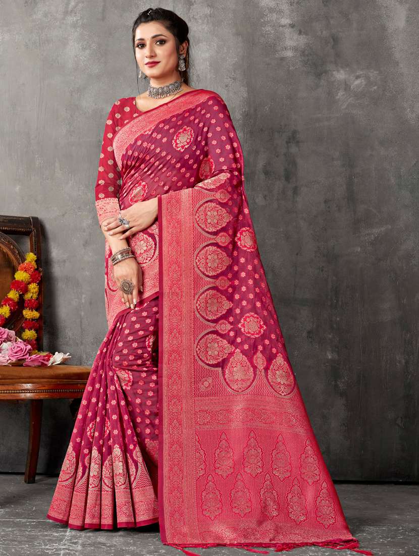 women's self design pink colored saree with blouse