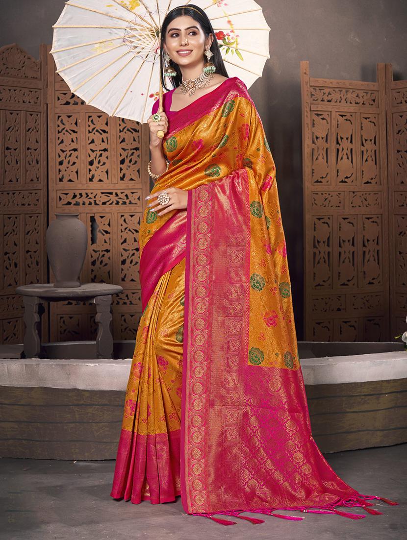 women's self design yellow colored saree with blouse