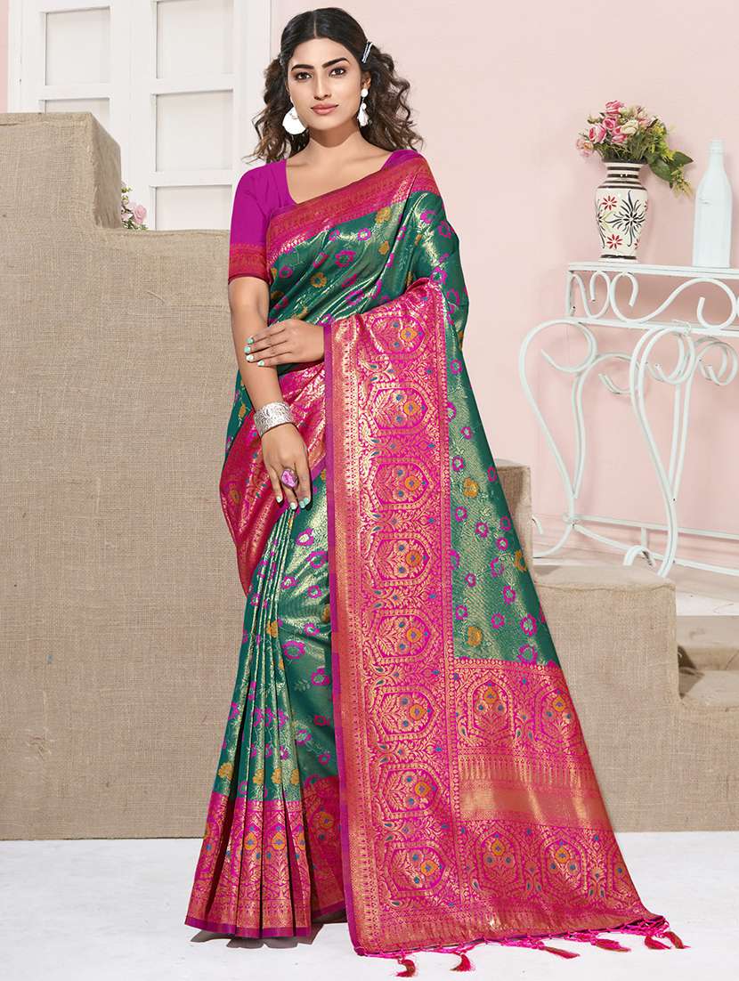 women's self design dark green colored saree with blouse