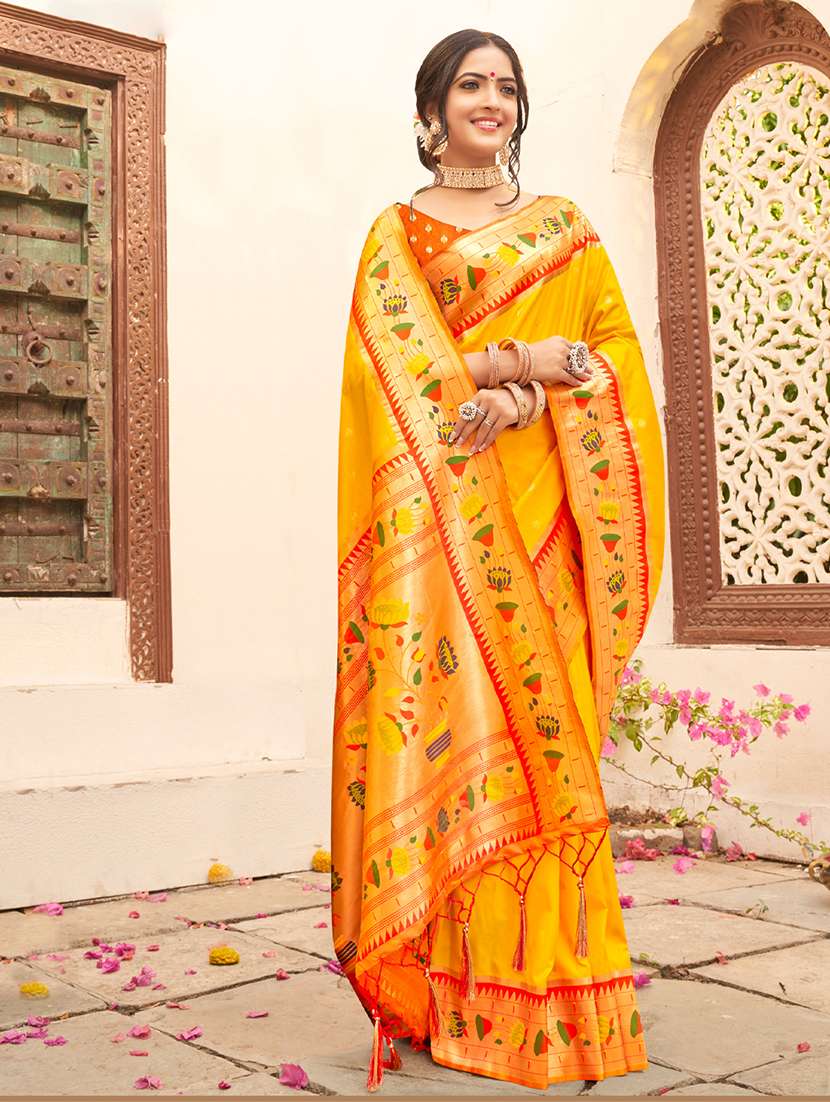 women's self design yellow colored saree with blouse