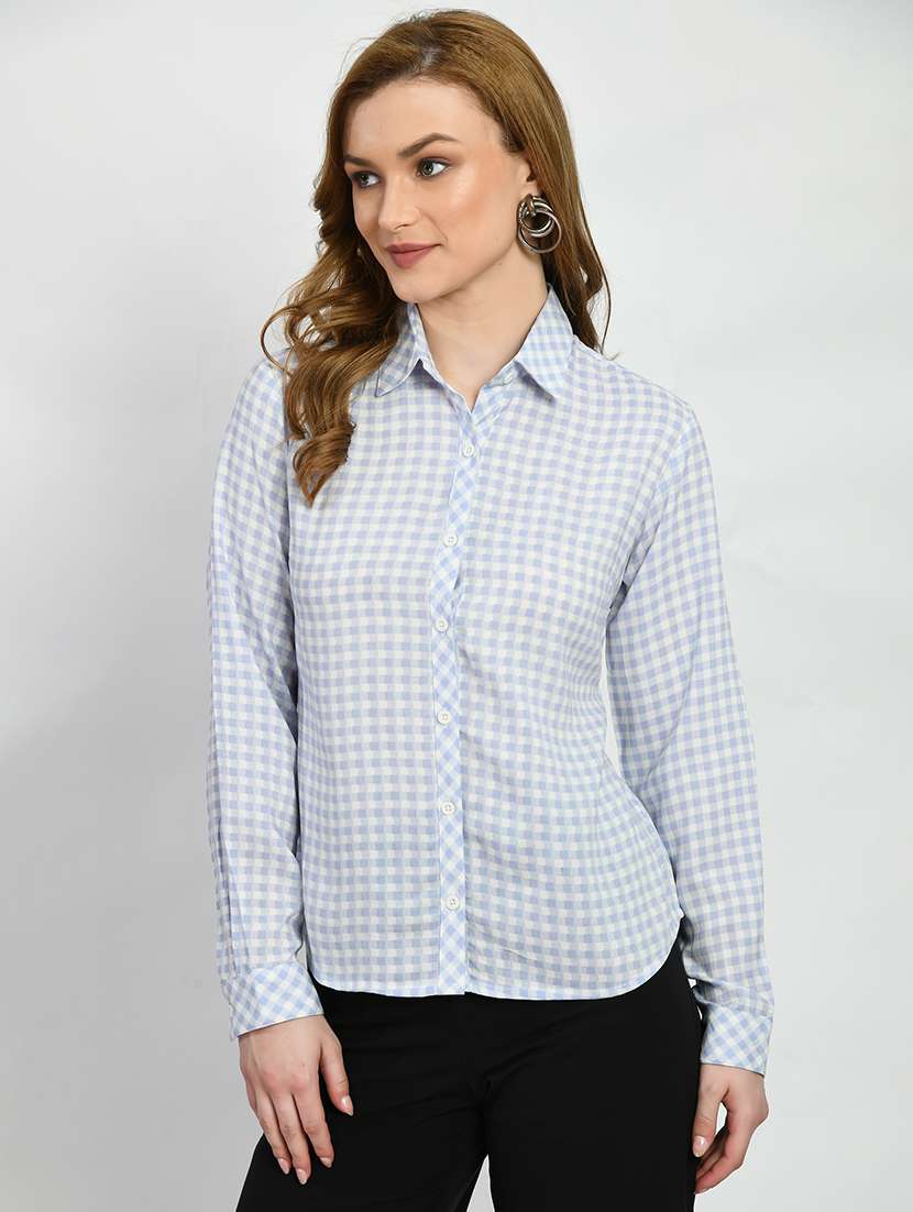 blue check print long sleeves regular shirt