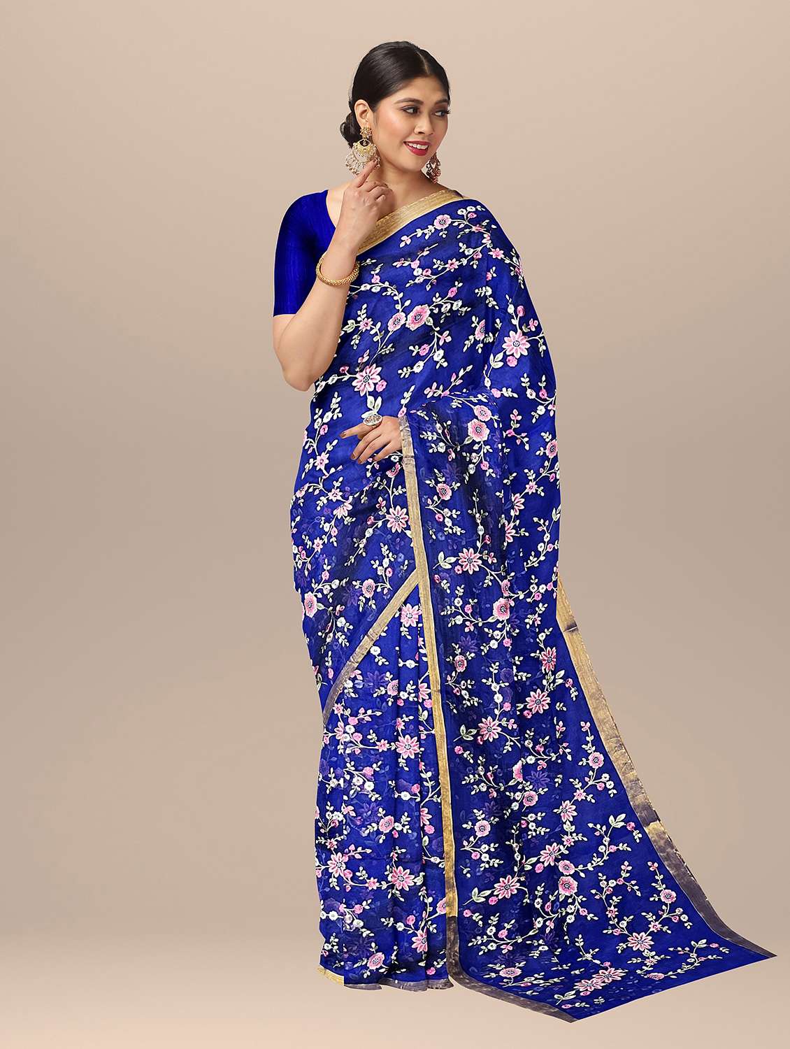 women's floral blue colored saree with blouse