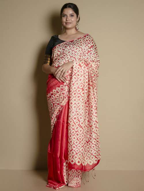 women's geometric coral colored saree with blouse - 19925972 -  Standard Image - 0