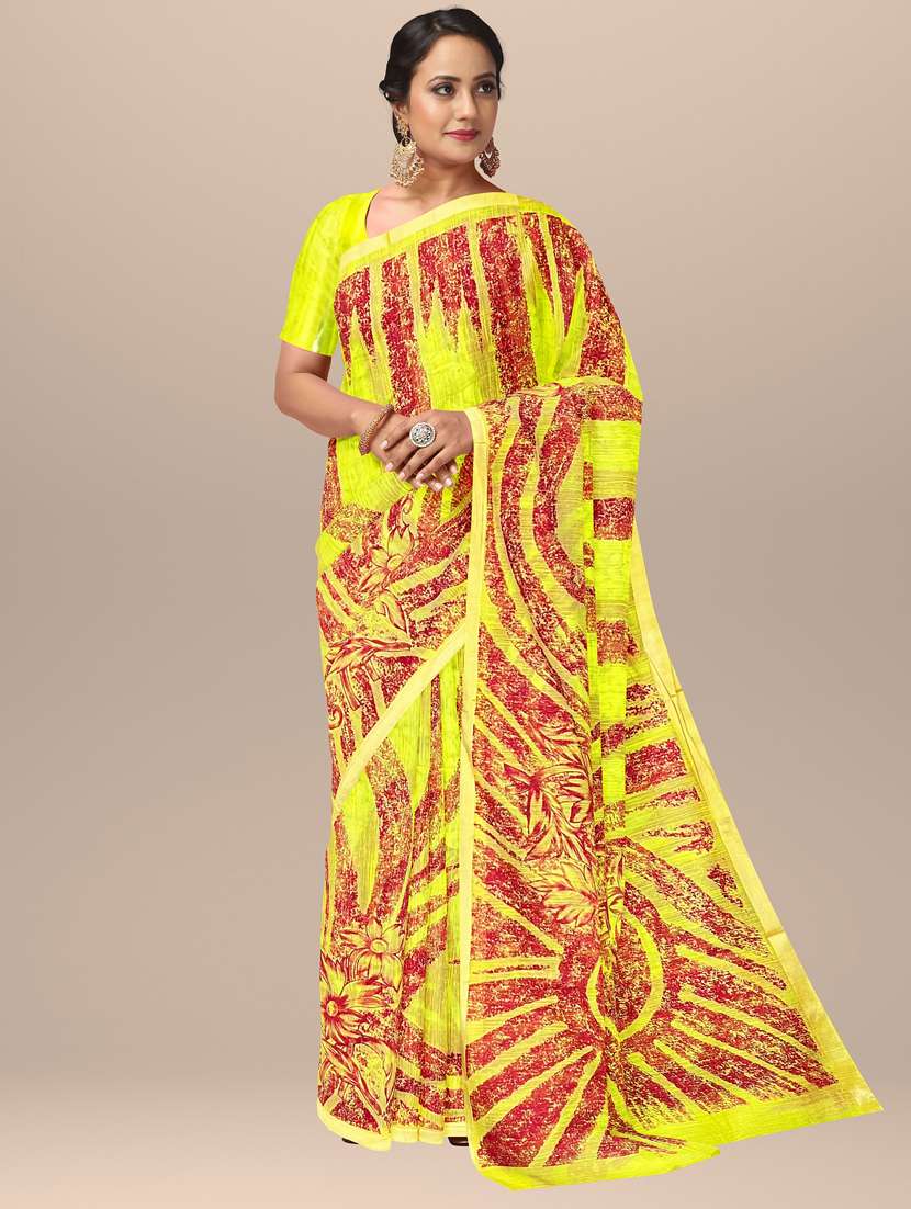women's printed mellow yellow colored saree with blouse