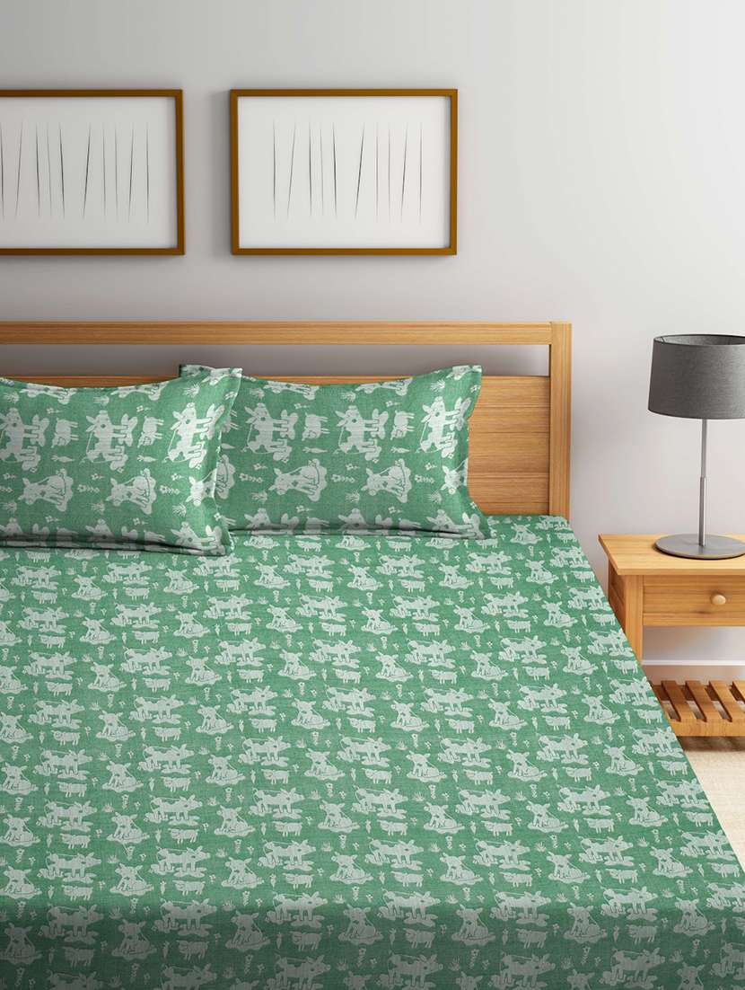 fabinaliv green cartoon design 100% cotton handwoven king size double bedcover with 2 pillow covers