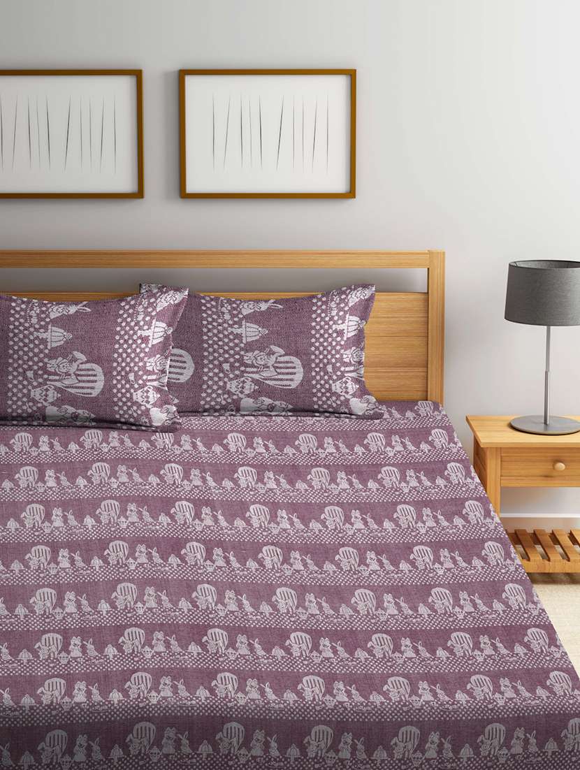 fabinaliv purple cartoon design 100% cotton handwoven king size double bedcover with 2 pillow covers