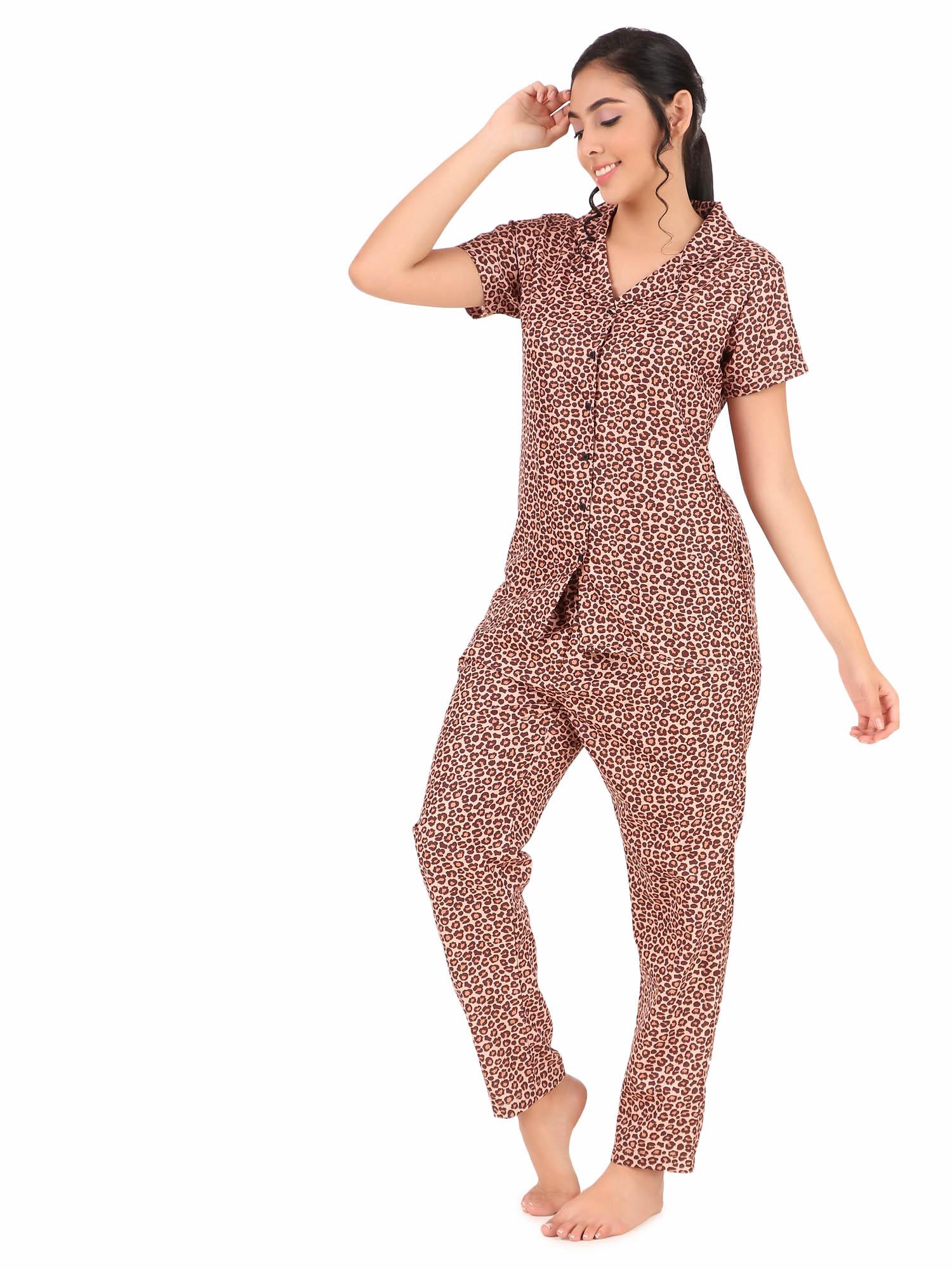 cozmostore animal print button down shirt & pyjama set in nude colour - cotton - 19927390 - Standard Image - 2