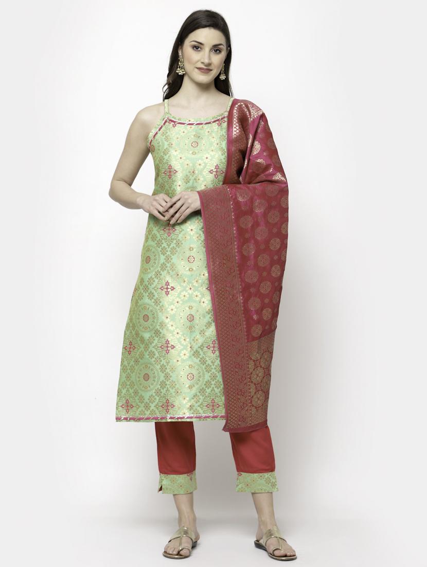 round neck brocade kurta pant set - 19927654 - Standard Image - 2