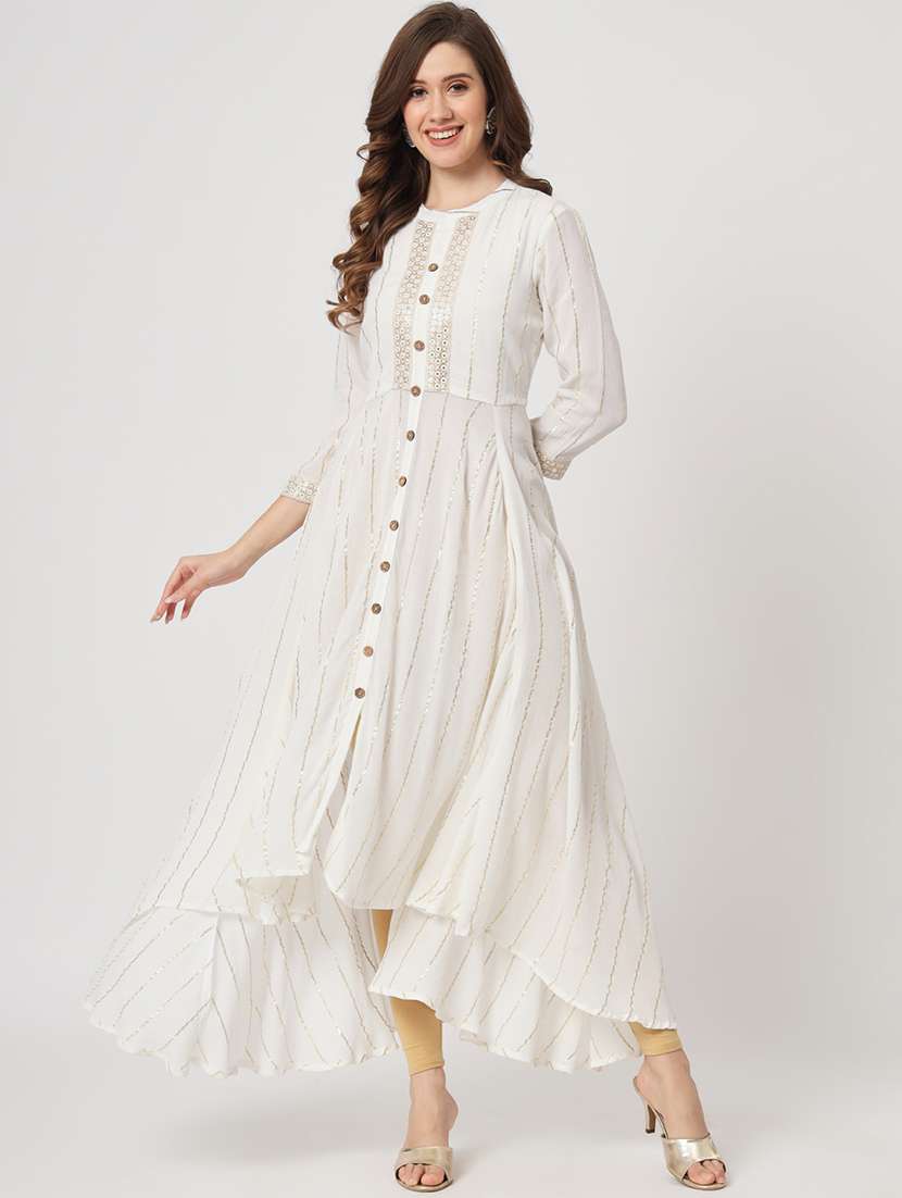 women striped three quarter sleeve asymmetric kurta