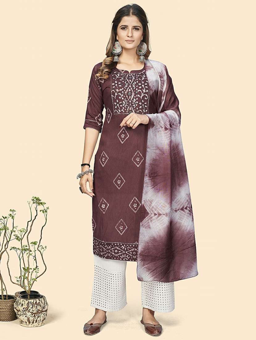 women batik printed three quarter sleeve kurta palazzo with dupatta set - 19938722 -  Standard Image - 2