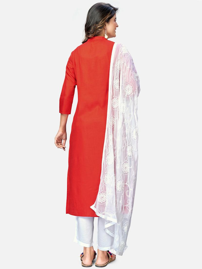 embroidered neck solid kurta dupatta set - 19942630 - Standard Image - 2