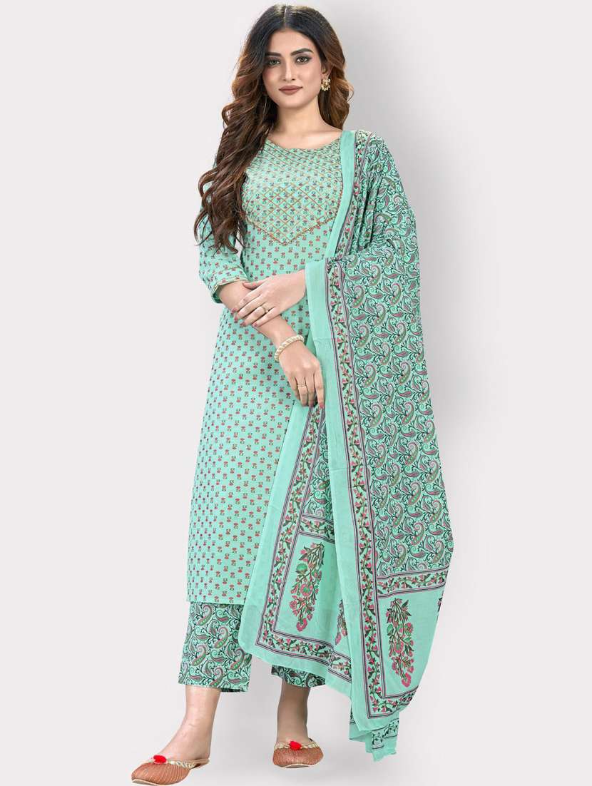 women embroidered three quarter sleeve kurta pant with dupatta set