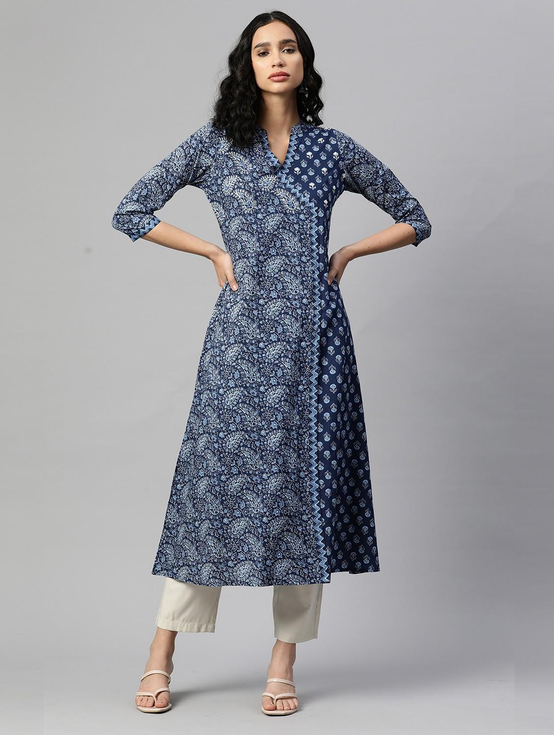 blue cotton a-line kurta - 19943123 -  Zoom Image - 0