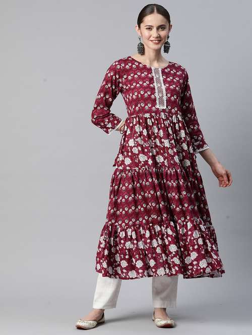 maroon cotton tiered kurta - 19943137 - Standard Image - 0