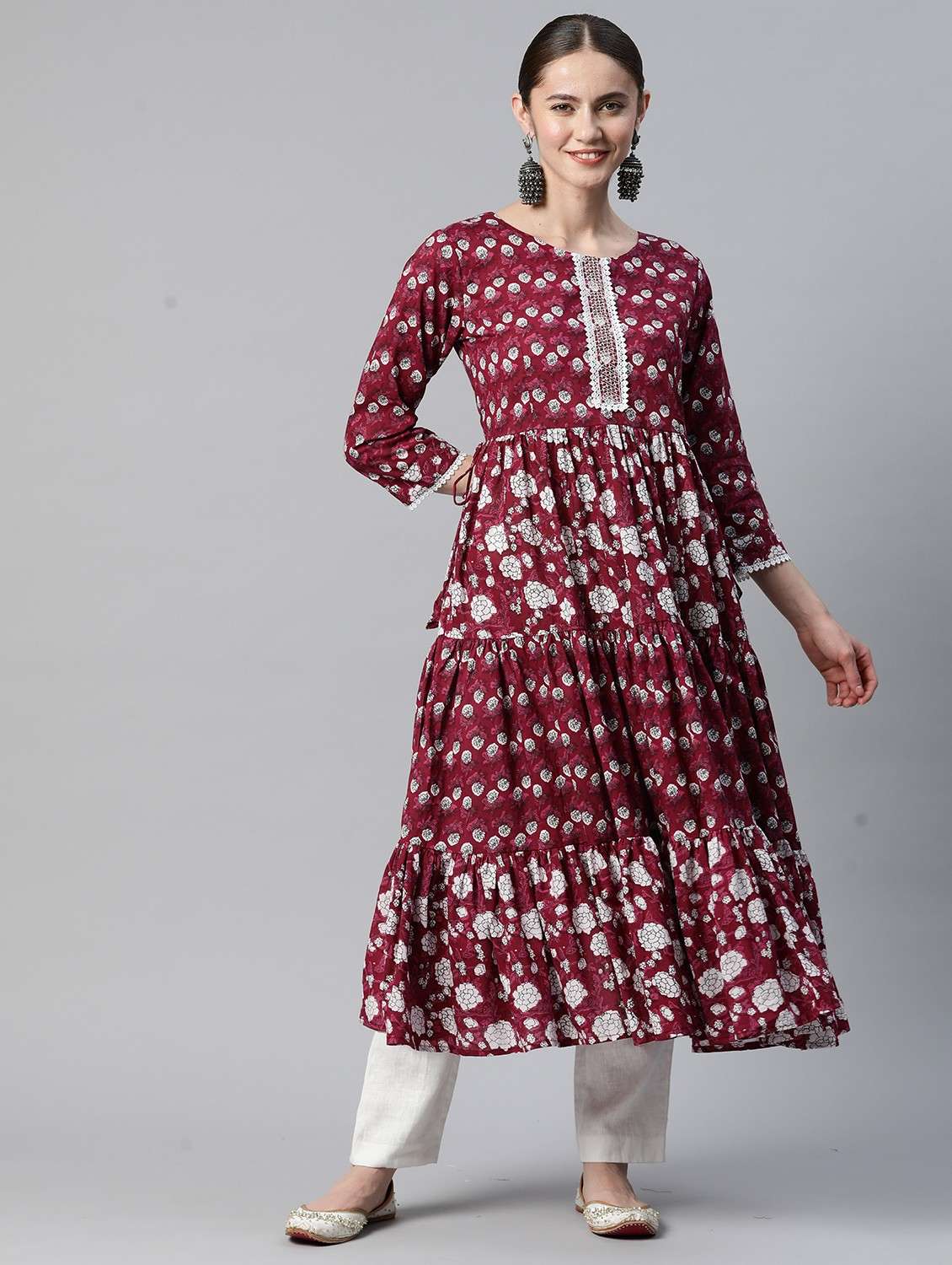 maroon cotton tiered kurta - 19943137 - Zoom Image - 0