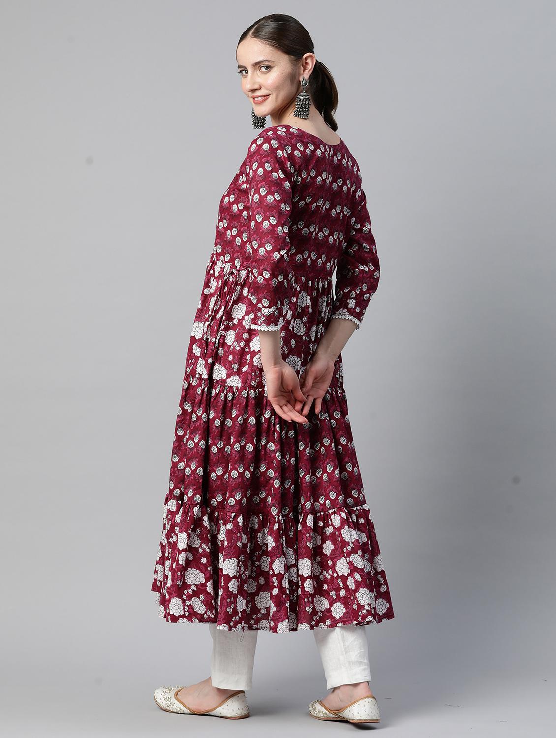 maroon cotton tiered kurta - 19943137 - Standard Image - 2