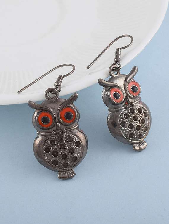 grey oxidised hoop owl earring