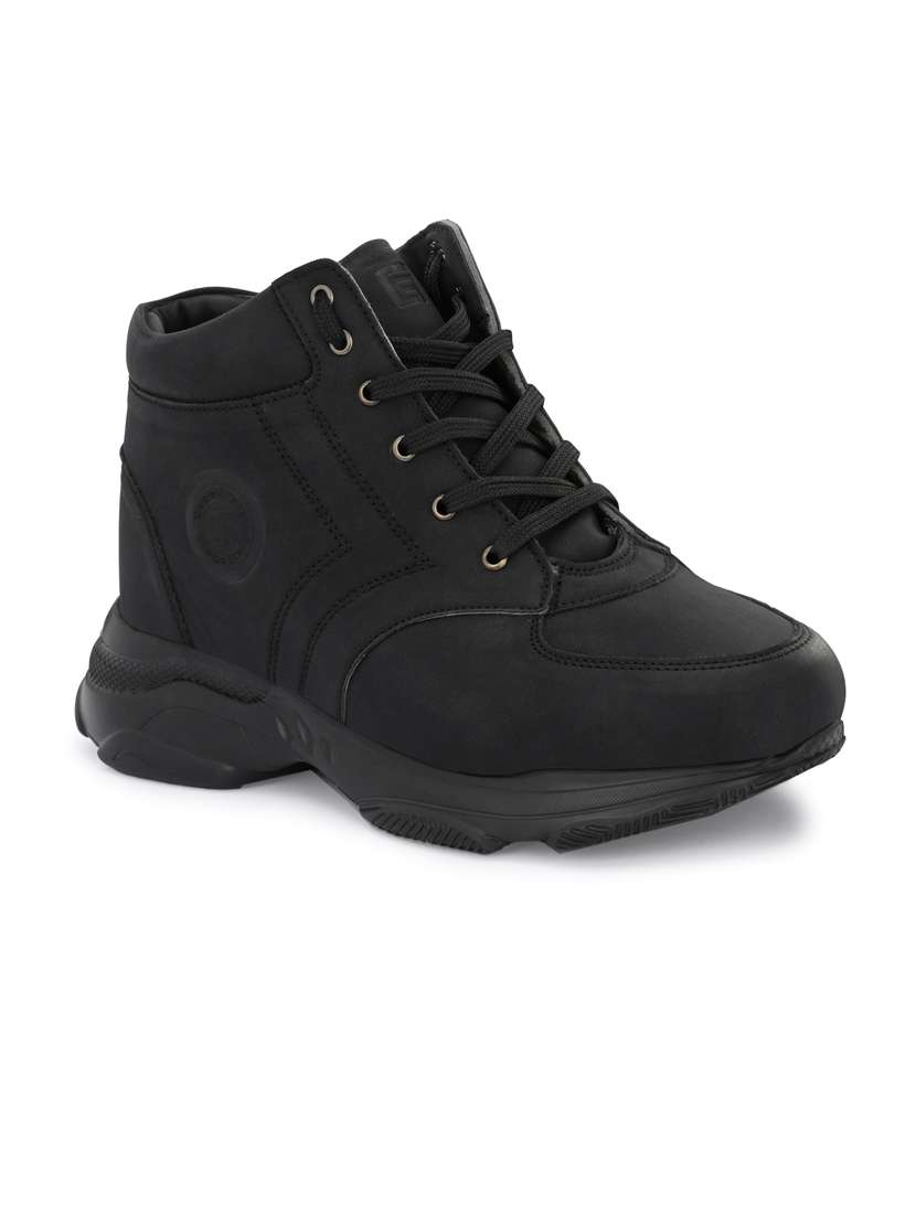black synthetic lace up boots