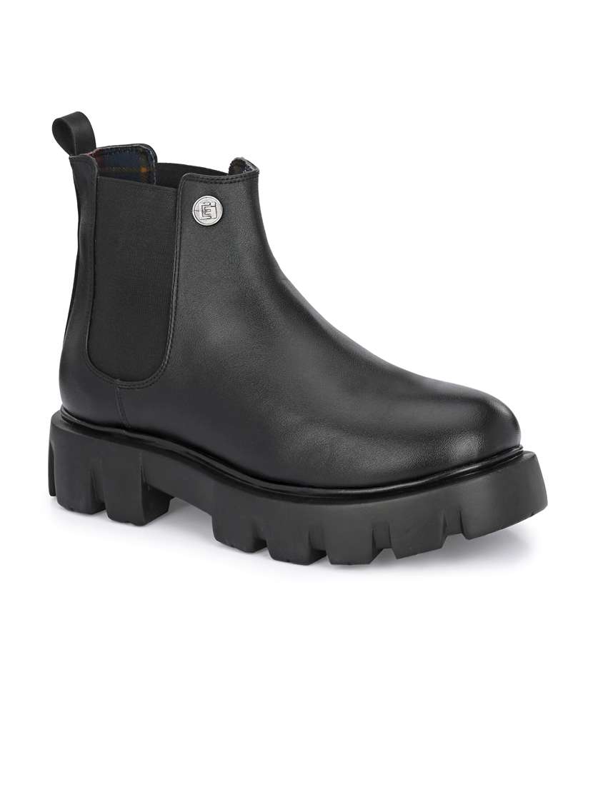 black synthetic slip on boots