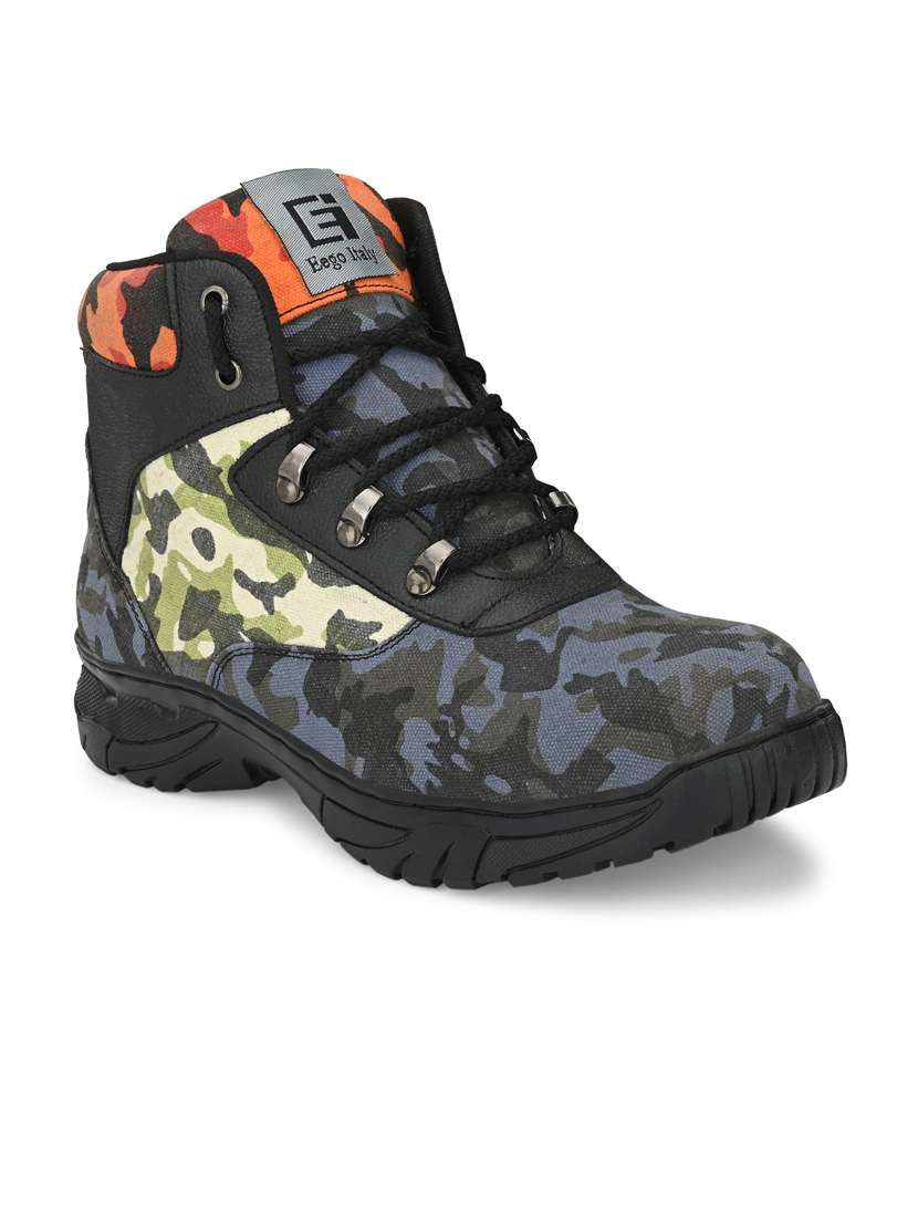 blue camouflage print lace up high ankle boot
