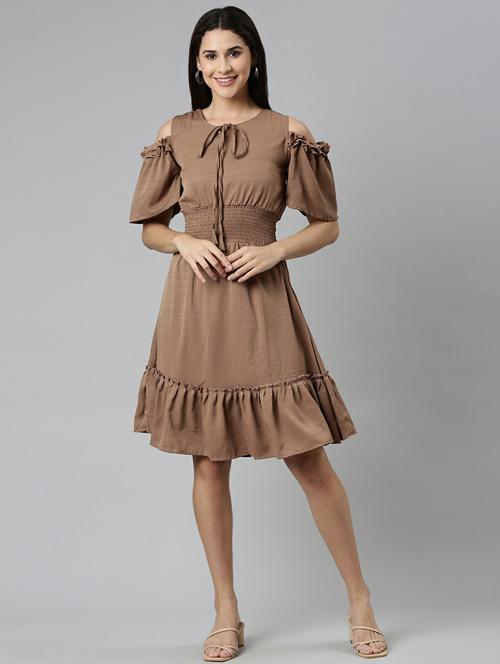 beige solid cold shoulder fit & flare ruffle dress - 19947719 -  Standard Image - 0