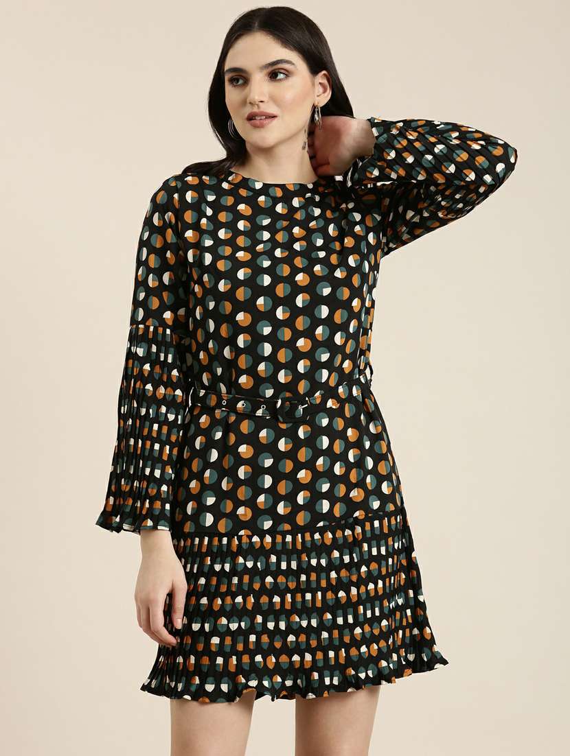 women's belted geometric dress