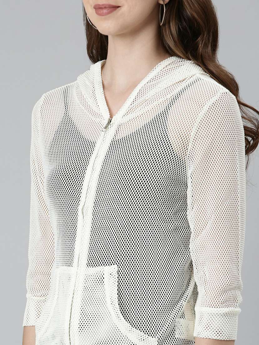 white solid three quater sleeves hooded summer jacket - 19947812 -  Standard Image - 7