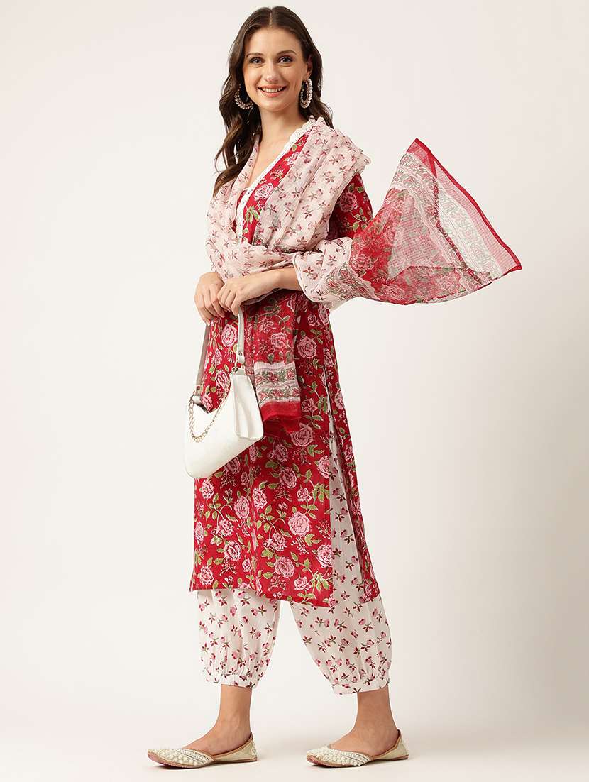 red floral printed kurta salwar with dupatta set - 19948044 -  Standard Image - 2