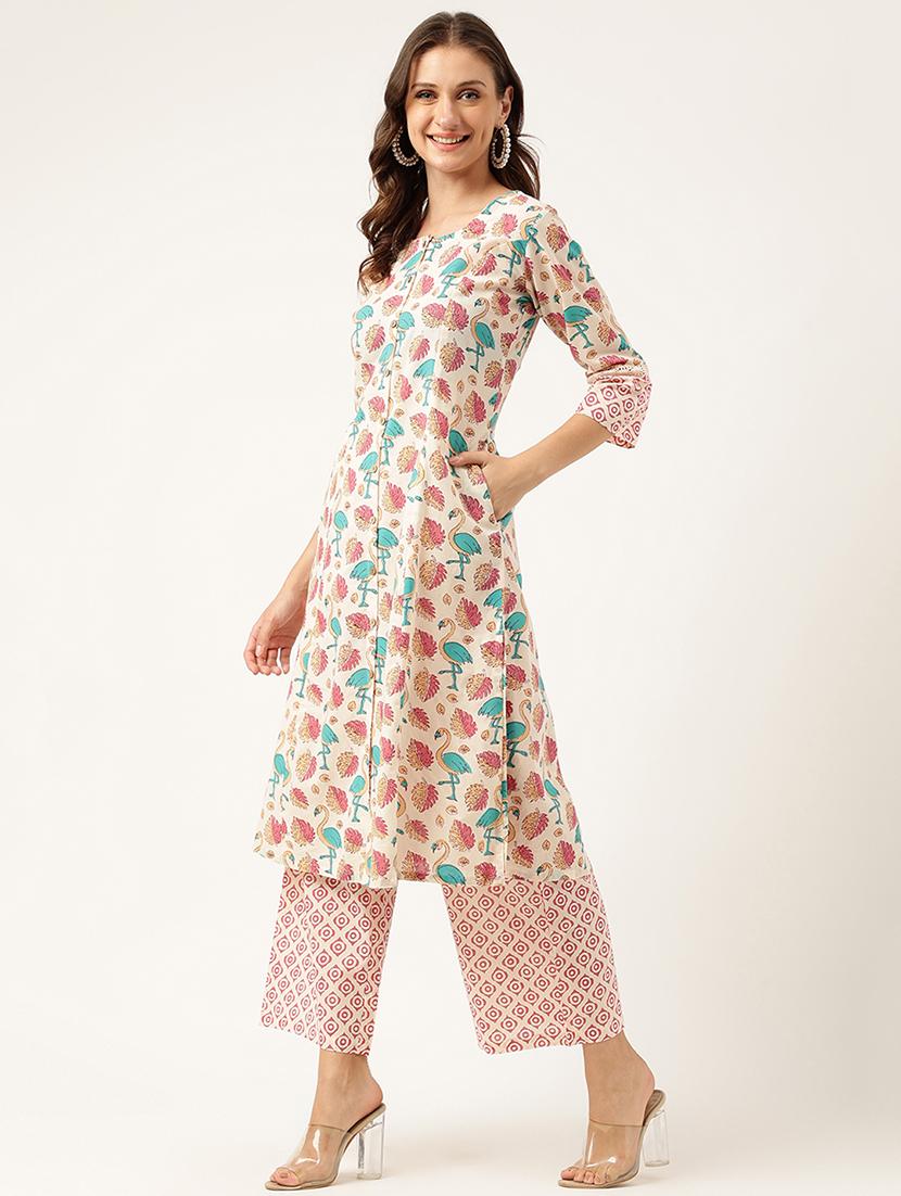 cream floral printed kurta palazzo set - 19948067 - Standard Image - 2