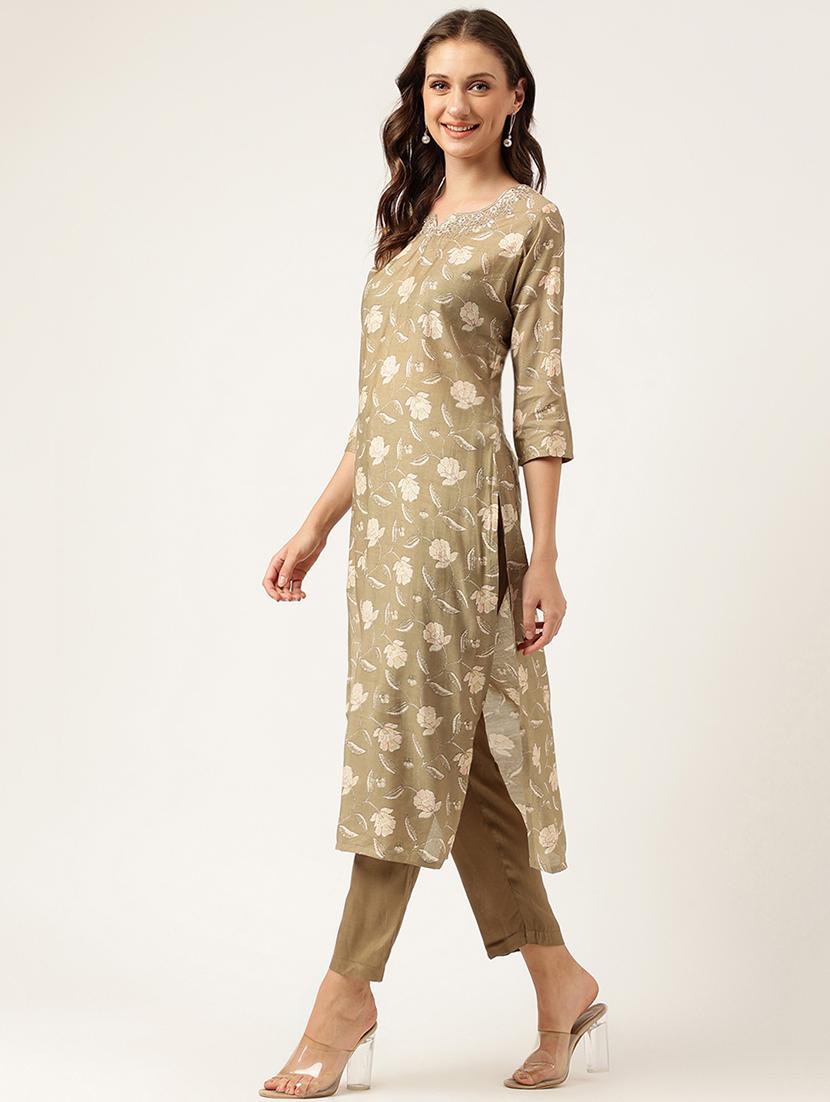 olive floral printed kurta pant with dupatta set - 19948068 - Standard Image - 2
