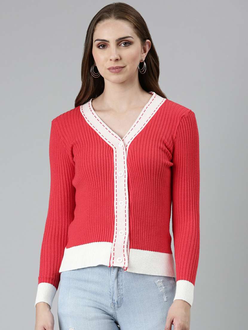 red color block cardigan