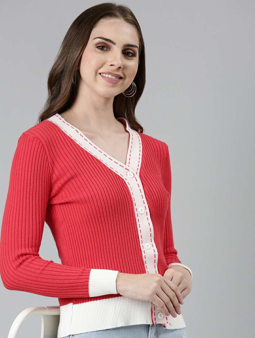 red color block cardigan - 19948272 -  Standard Image - 2