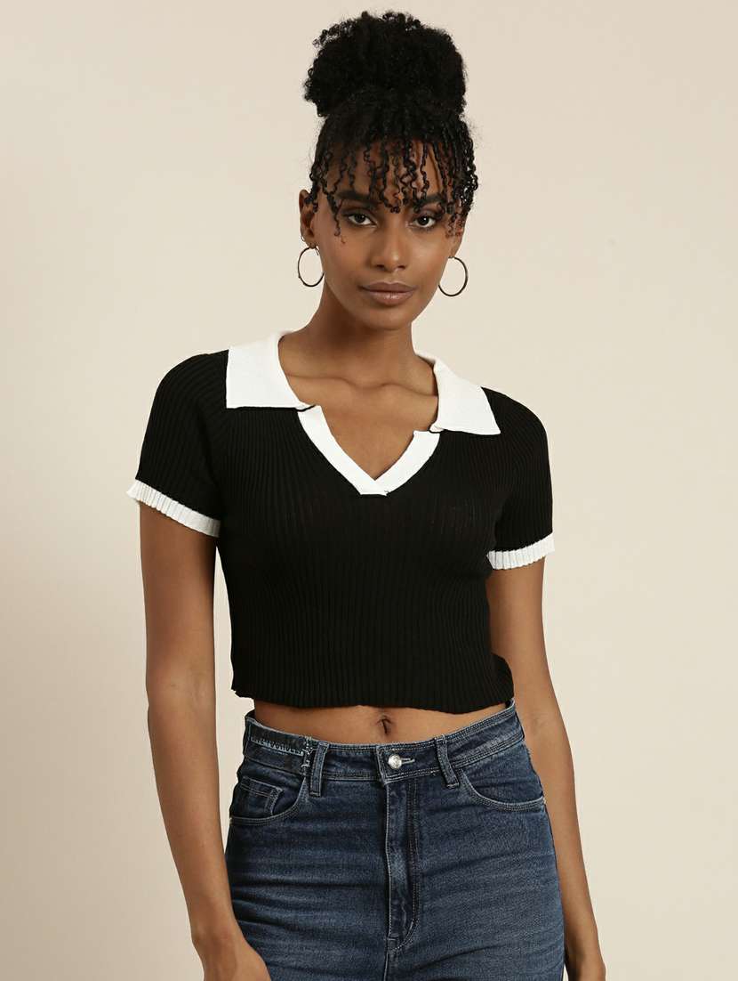 women's crop collared top