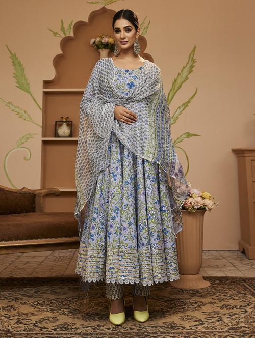 blue floral printed anarkali kurta pant with dupatta set - 19948725 -  Standard Image - 0
