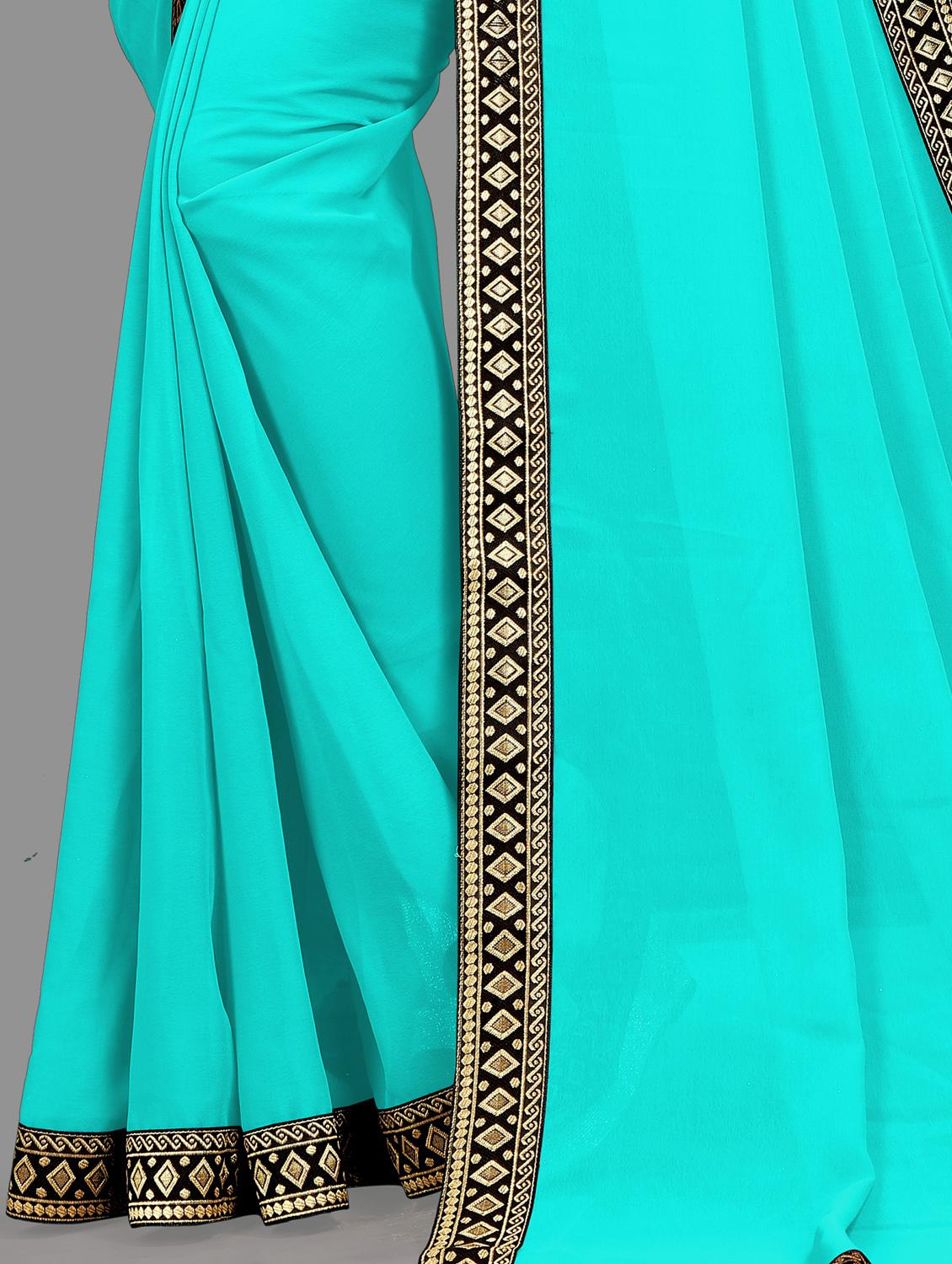 women's bordered turquoise colored saree with blouse - 19949197 - Standard Image - 2