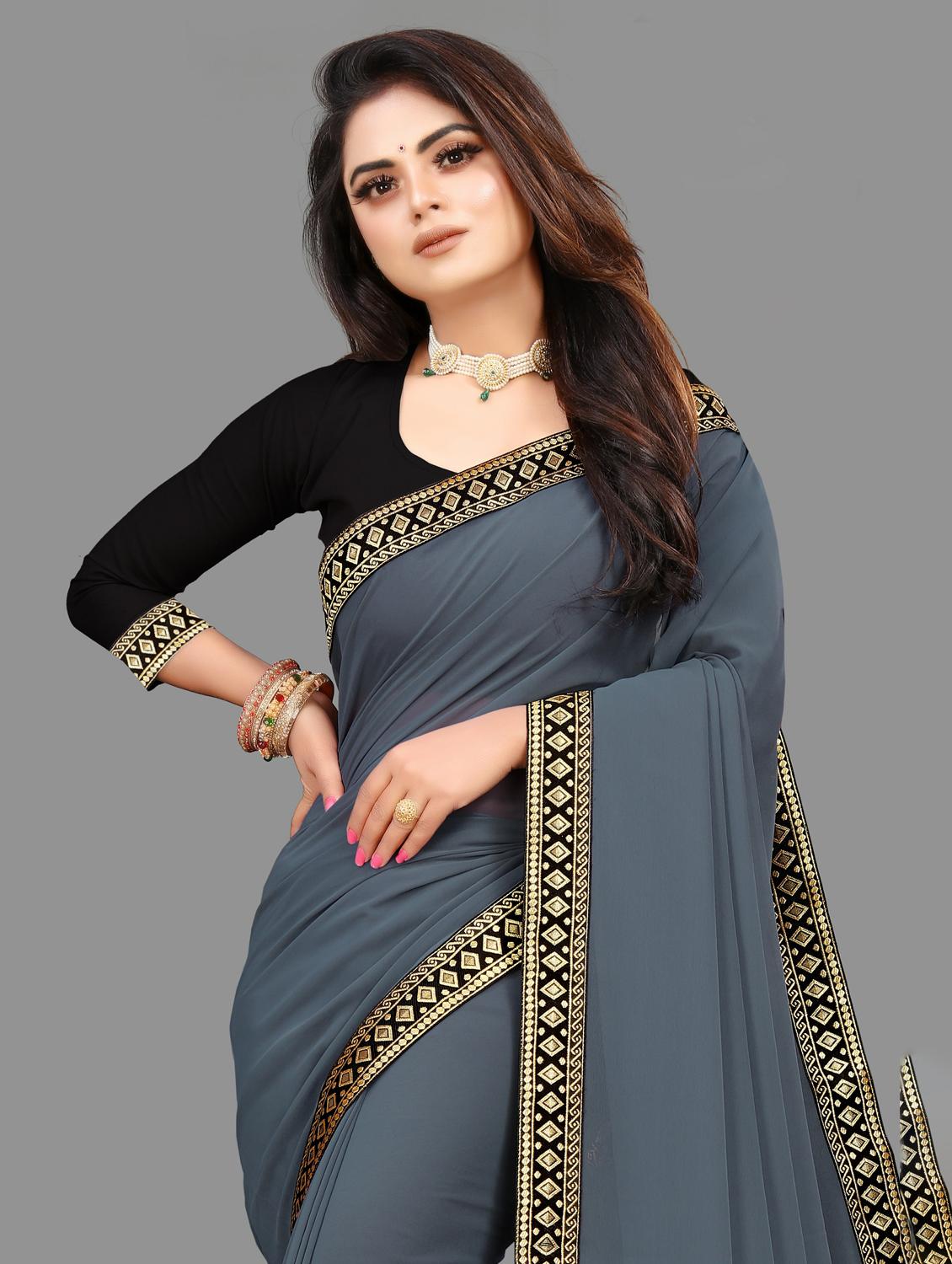 women's bordered grey colored saree with blouse - 19949220 - Standard Image - 2