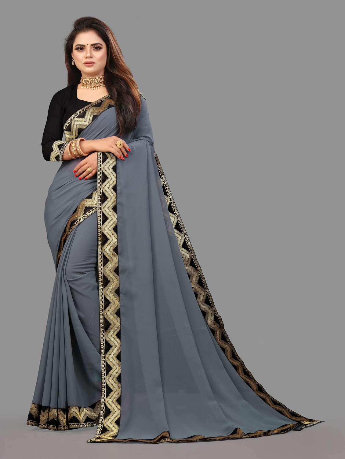 women's bordered royal blue colored saree with blouse - 19950128 - Zoom Image - 0