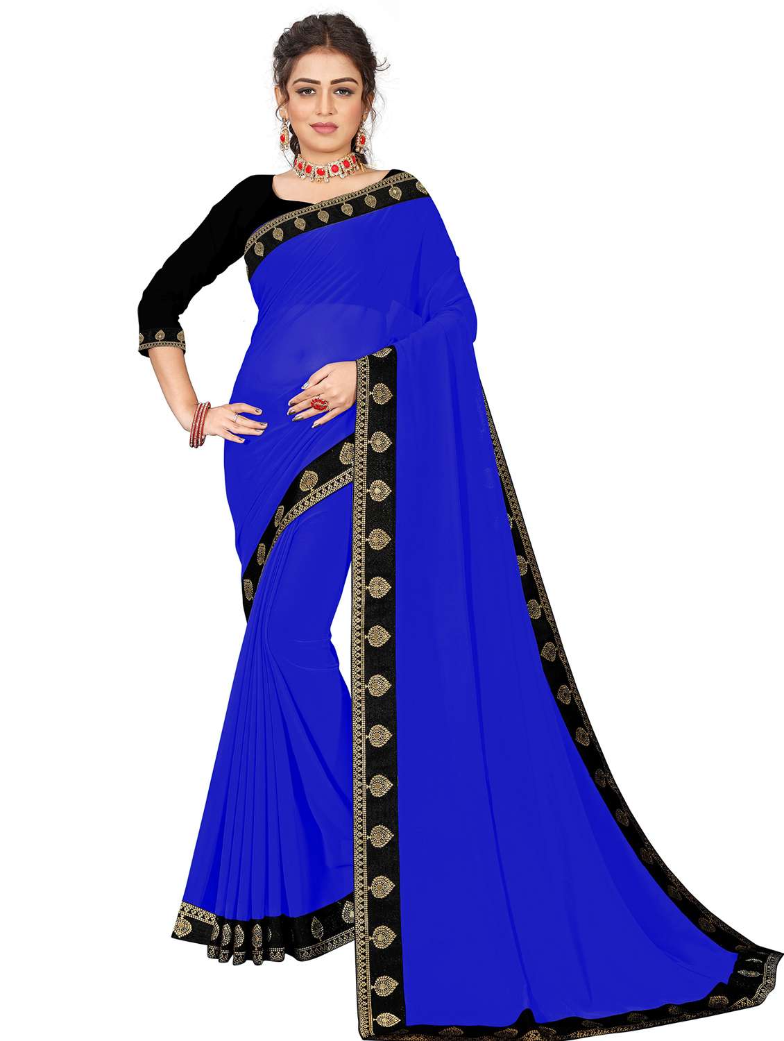 women's solid blue colored saree with blouse