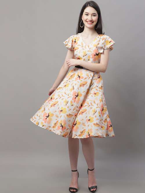 womne floral printed flute sleeve fit & flare dress - 19950820 - Standard Image - 0