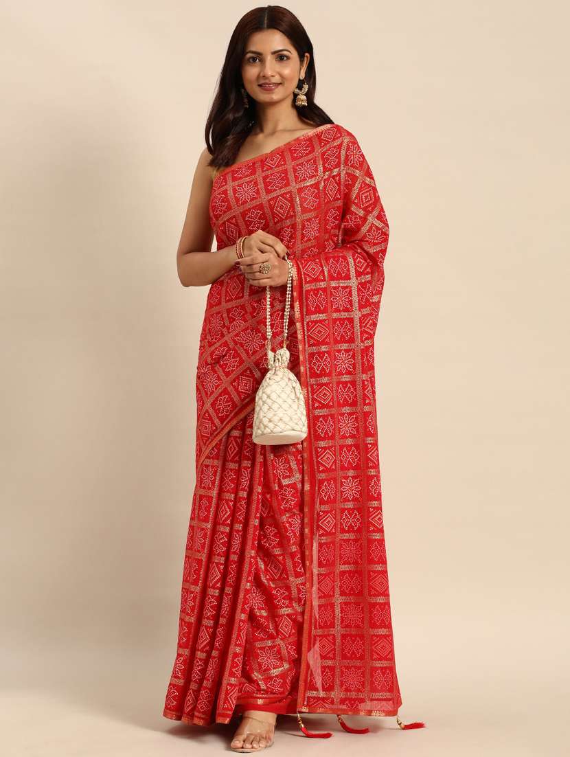 women's foil print red colored saree