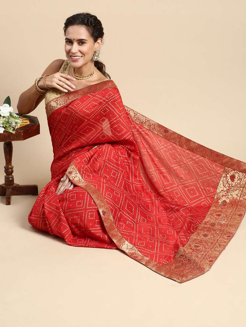 women's bandhani red colored saree