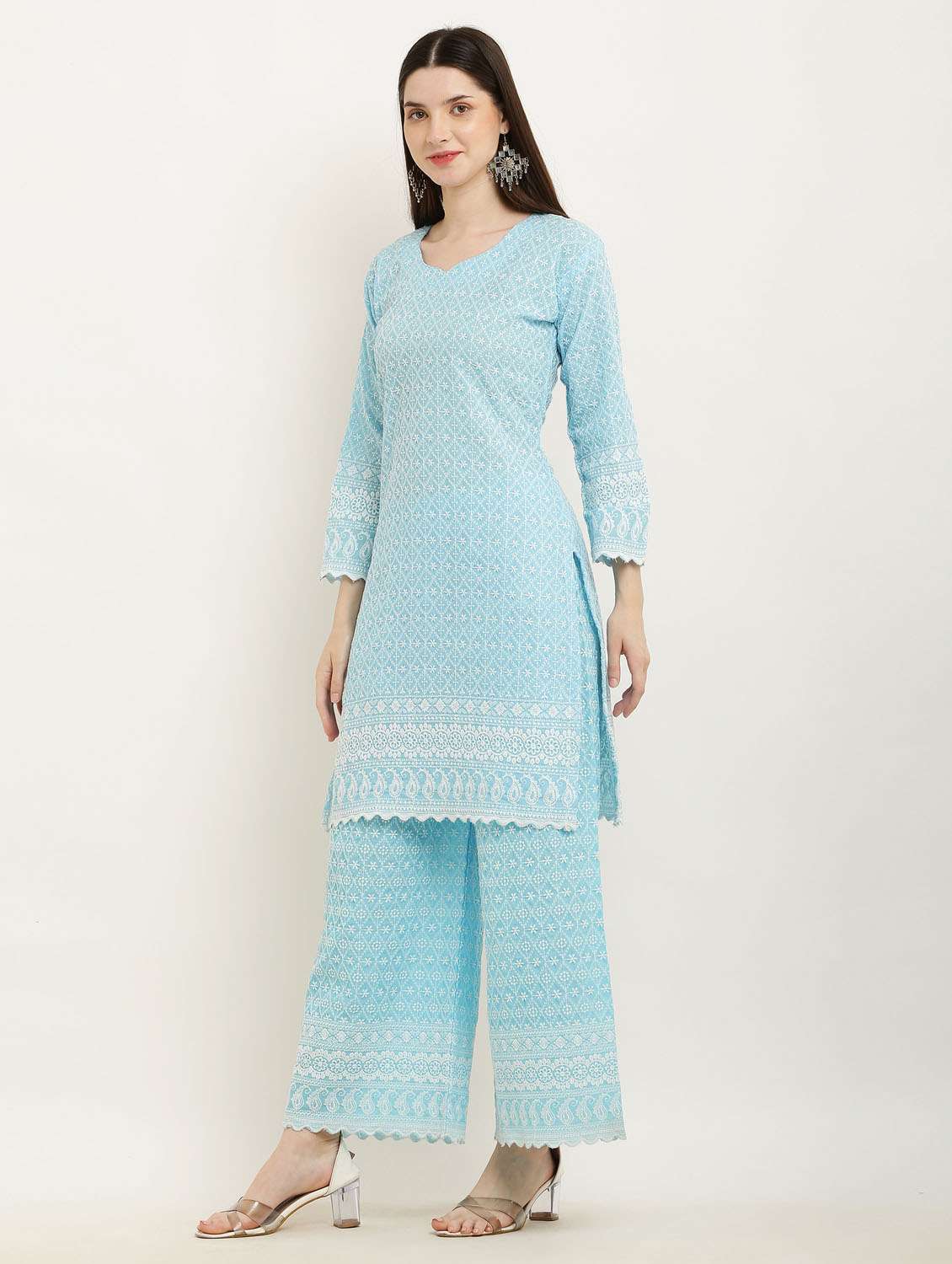 women light blue three quarter sleeve kurta palaazo set - 19953460 - Standard Image - 2