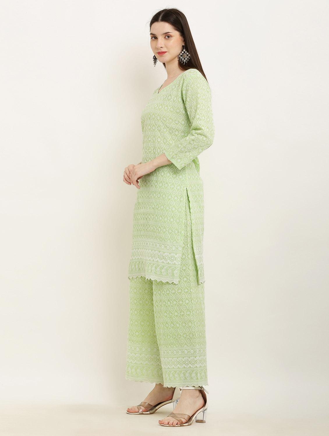 green chikankari kurta palazzo set - 19953461 - Standard Image - 2