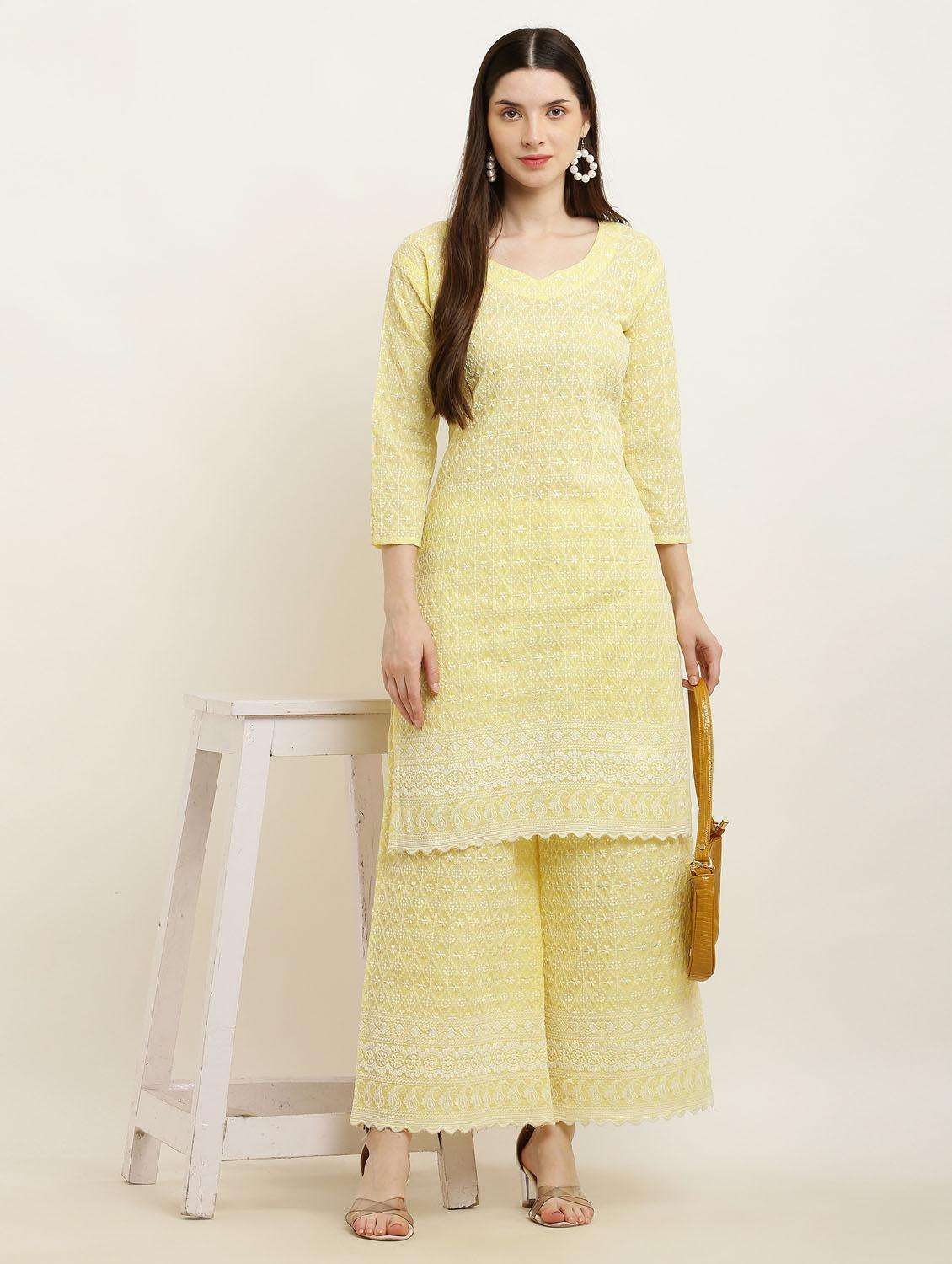 women yellow chikankari kurta palazzo set