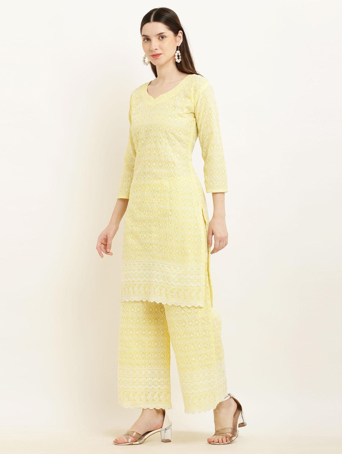 women yellow chikankari kurta palazzo set - 19953464 - Standard Image - 2