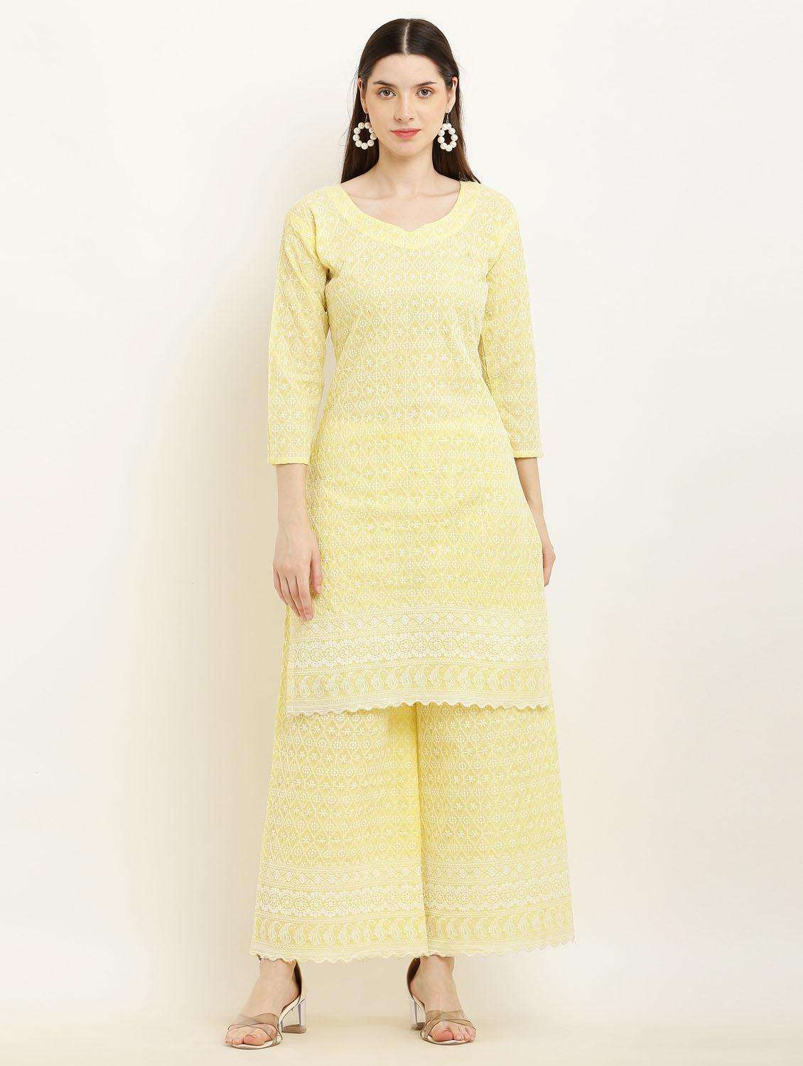 women yellow chikankari kurta palazzo set - 19953464 -  Standard Image - 2